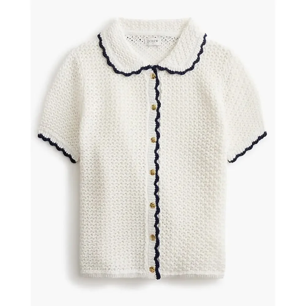 J. Crew Short-Sleeve Crochet Cardigan Sweater Ivory Ant Navy Crochet Size XS NWT